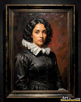Against a dark red background, a dark-haired woman is dressed in a black dress and white ruff collar