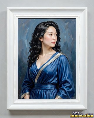 Looking over her shoulder, a dark-haired woman in a blue satin robe poses in a white frame