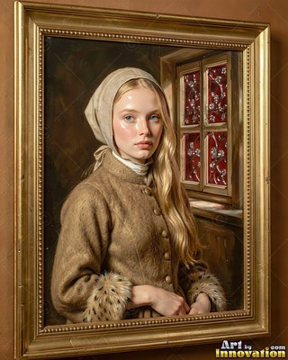 Woman in a brown wool coat and headscarf beside a window