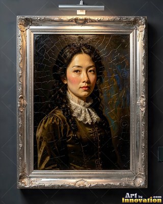 White lace collar on a dark brown dress, a woman in a silver frame on a wall in shadow