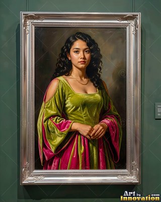A woman stands with hands folded wearing an olive green velvet dress lined in pink