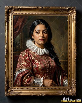 Turned slightly in a dark room, a woman wears a red patterned gown with a white ruff