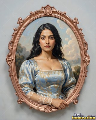 A dark-haired woman in a pale blue dress leans out from an oval frame