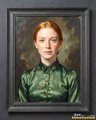 In a dark frame, a red-haired freckled woman poses in a green silk blouse