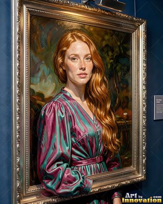 Stepping out of her frame, a red-haired woman wears a shiny magenta dress