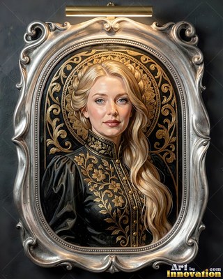 A woman with fair hair in a black and gold dress framed in silver