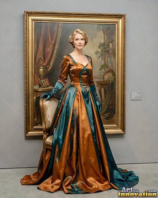 A woman in a copper and green satin gown steps out from a large frame in gold