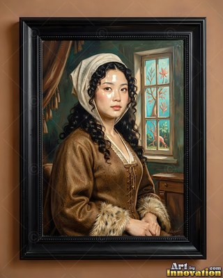 A woman in a headscarf sits by a window with pale light falling across her face