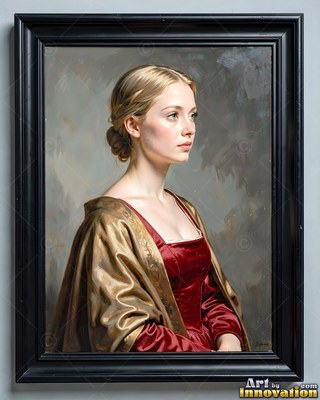 Turned in profile inside a black frame, a blonde woman is wearing a red dress