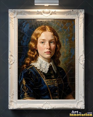 A red-haired woman in a blue soft velvet dress looks forward in a white frame