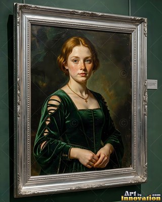 In a silver frame, a red-haired woman in a dark green velvet dress clasps her hands
