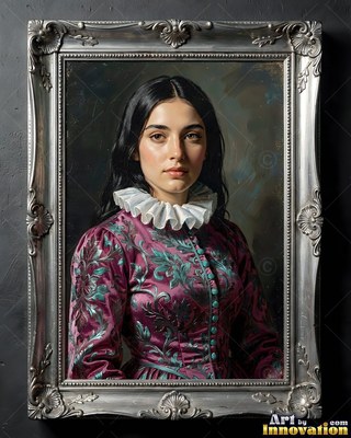 Facing forward, a woman with black hair wears a white neck ruff and purple floral dress