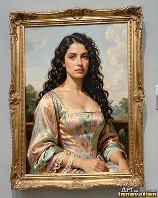 Framed woman with dark curls in a pink silk dress before a blue sky