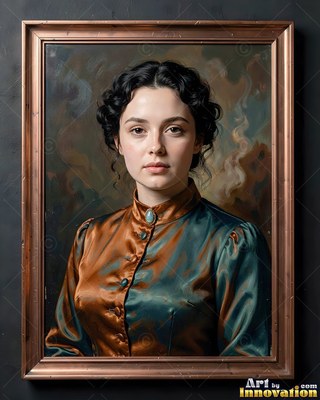 Wearing a copper and teal satin blouse, a woman sits in a frame on a dark gallery wall