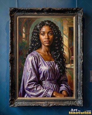A woman looks forward in a shiny purple dress as soft sunlight touches her dark hair