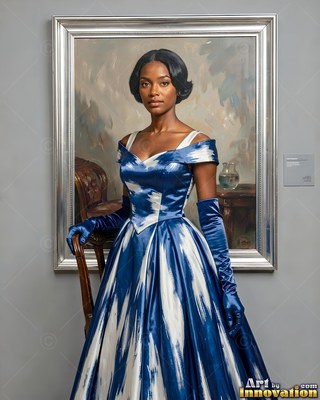 A Black woman in a blue and white patterned ballgown steps out of a silver frame