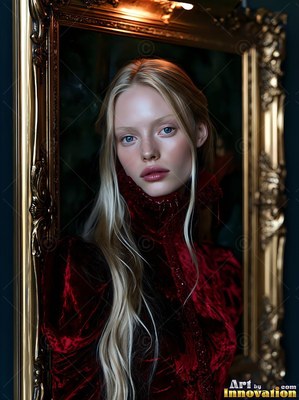 In a gold frame, a blonde woman in a dark red gown of velvet gazes forward