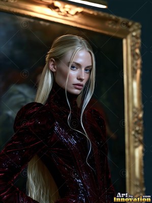 Standing before a golden frame, a blonde woman poses in a deep red velvet dress