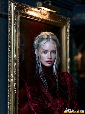 A fair-haired woman in a red dress of velvet beside a gilt frame