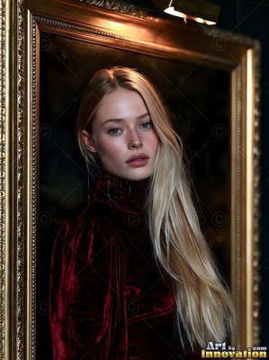 Long blonde hair falls over a woman in deep red velvet, set in a gilt frame on a wall in shadow