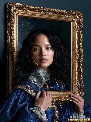 A woman leans out from a frame in gold wearing deep blue satin lit by soft light
