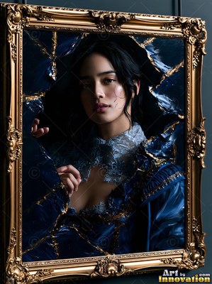 Facing forward inside a gilded frame, a woman looks out through cracked blue glass