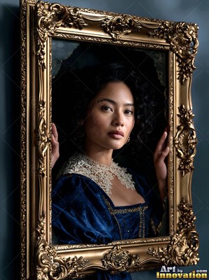 A woman in a blue velvet gown reaches her hands out of a gilded gold frame