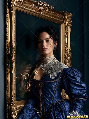 In a golden frame, a woman with dark hair in a blue satin dress looks forward