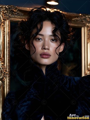 Facing forward, a black-haired woman in a high-collared velvet gown poses by a gold frame