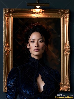 Woman in a dark blue soft velvet dress before a gilded frame