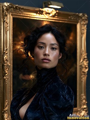 Freckles dust the nose of a woman in a high-collared dark velvet dress before a gilt frame