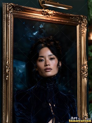 A brunette woman gazes forward in a gilded frame, her black gown of velvet lit from above