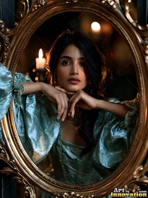 Resting her chin on her hands in a dark room, a woman in a blue gown