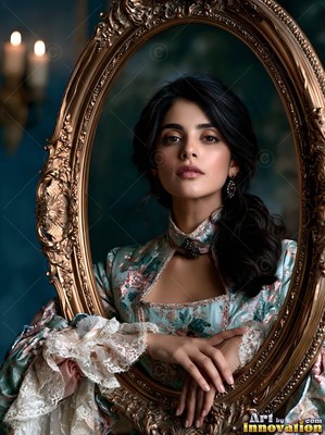 A woman with dark hair in a floral silk dress leans through an oval gold frame