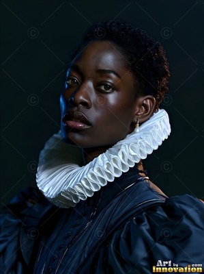 Against a dark backdrop, a woman wears a pleated white ruff collar