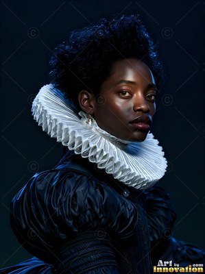 Looking aside, a Black woman is wearing a pleated white ruff collar and black silk dress