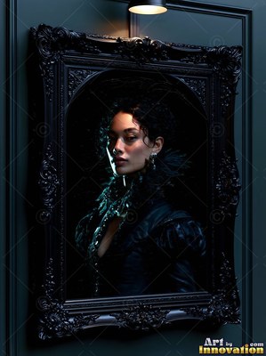 Woman in a black ruffled dress framed on a shadowed wall