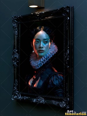 A white ruffled collar on a woman in a black dress inside a black carved frame on a wall