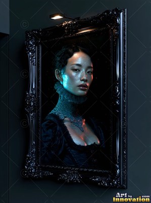 Turned slightly on a deeply shaded wall, a woman in a black lace collar looks forward under soft light