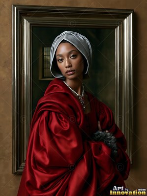 A framed oil portrait of a woman in a silver bonnet and rich red satin cloak