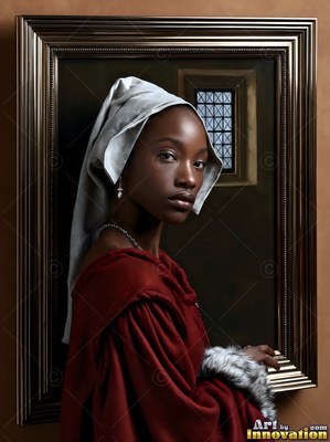 In a dim room, a Black woman in a red gown and white headcloth turns her head