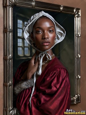 Looking forward, a woman in a silver bonnet and red silk robe touches her ties