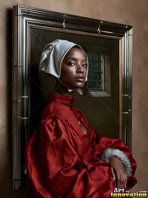 A woman in a red gown and white bonnet inside a silver frame