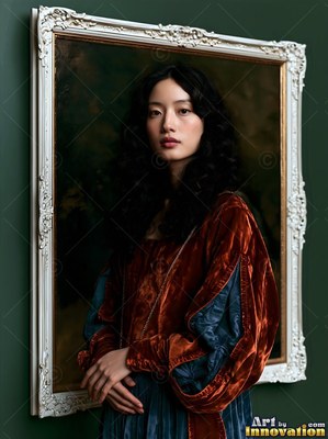 Rust velvet sleeves dress a woman posed within a white frame against a dark green wall