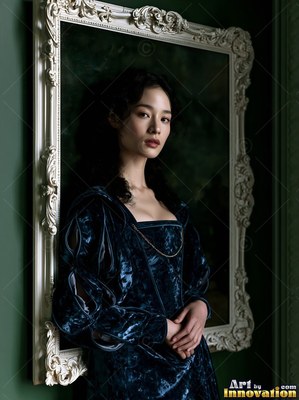 A woman steps out of a carved frame, her dark blue soft velvet dress catching soft room light