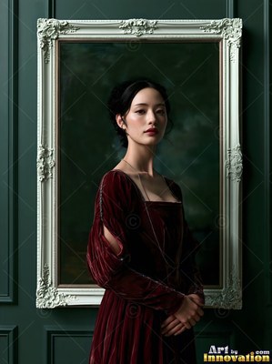 Standing half-turned in front of a white wall frame, a woman in deep red velvet