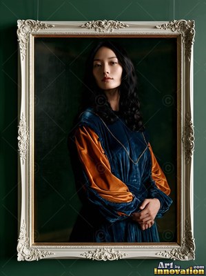 A woman with black hair in a blue velvet dress with orange sleeves stands in a frame
