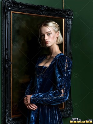 Against a dark green wall, a fair-haired woman poses in a dark blue velvet gown