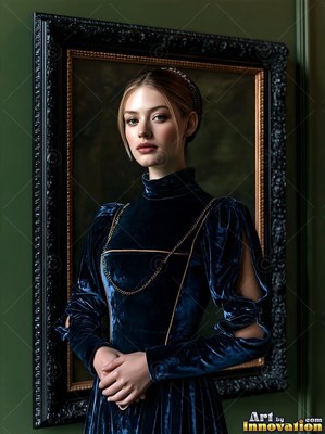 Standing with hands clasped, a blond woman in a dark blue velvet gown before a black frame