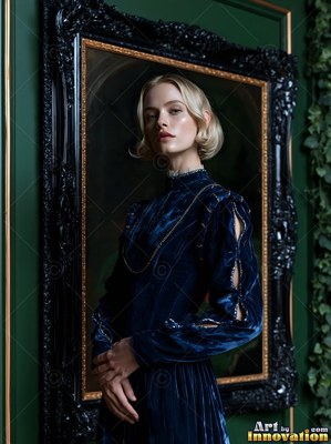 A fair-haired woman in a dark blue dress of velvet beside a black frame
